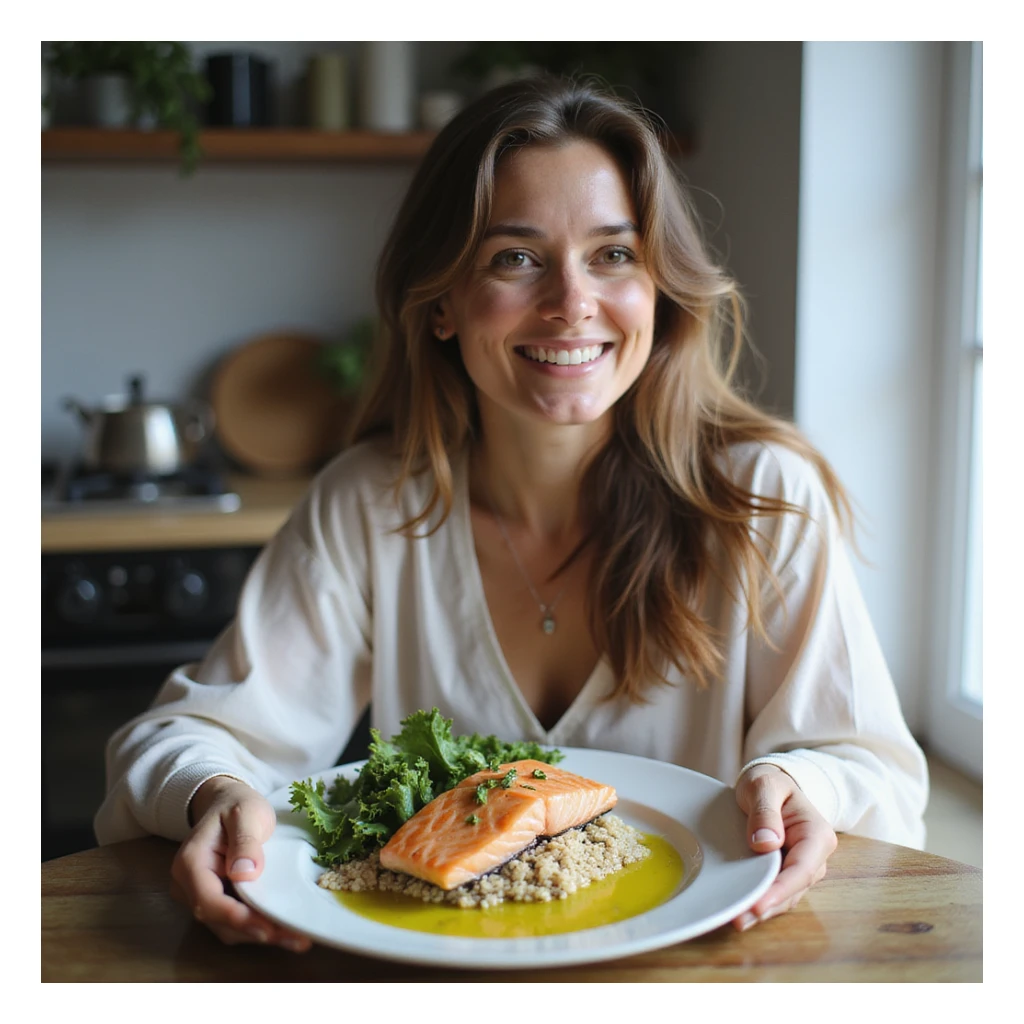 Woman with healthy and happy appearance, sitting at a table with a balanced plate: salmon, quinoa, vegetables, and olive oil, bright atmosphere, hyperrealistic 4K details, home environment. Variant 6. sticker