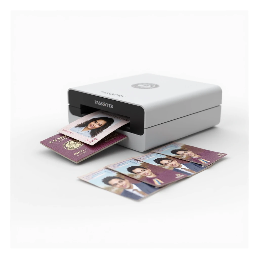 realistic thumbnail for a passport size photo printing service, with a printer and several passport photos arranged neatly beside it, on a white background sticker