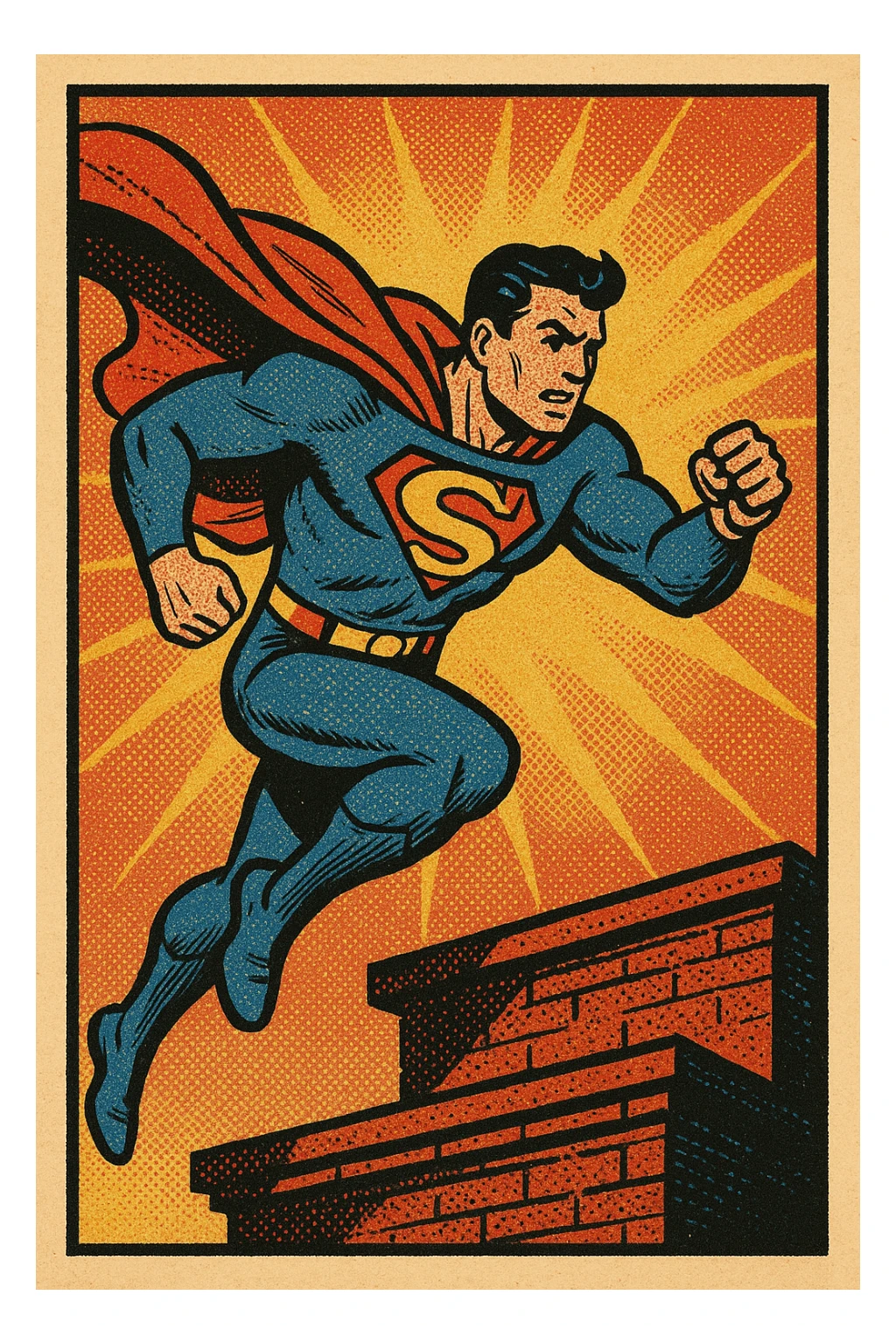 Hero leaping from a rooftop with cape trailing. sticker