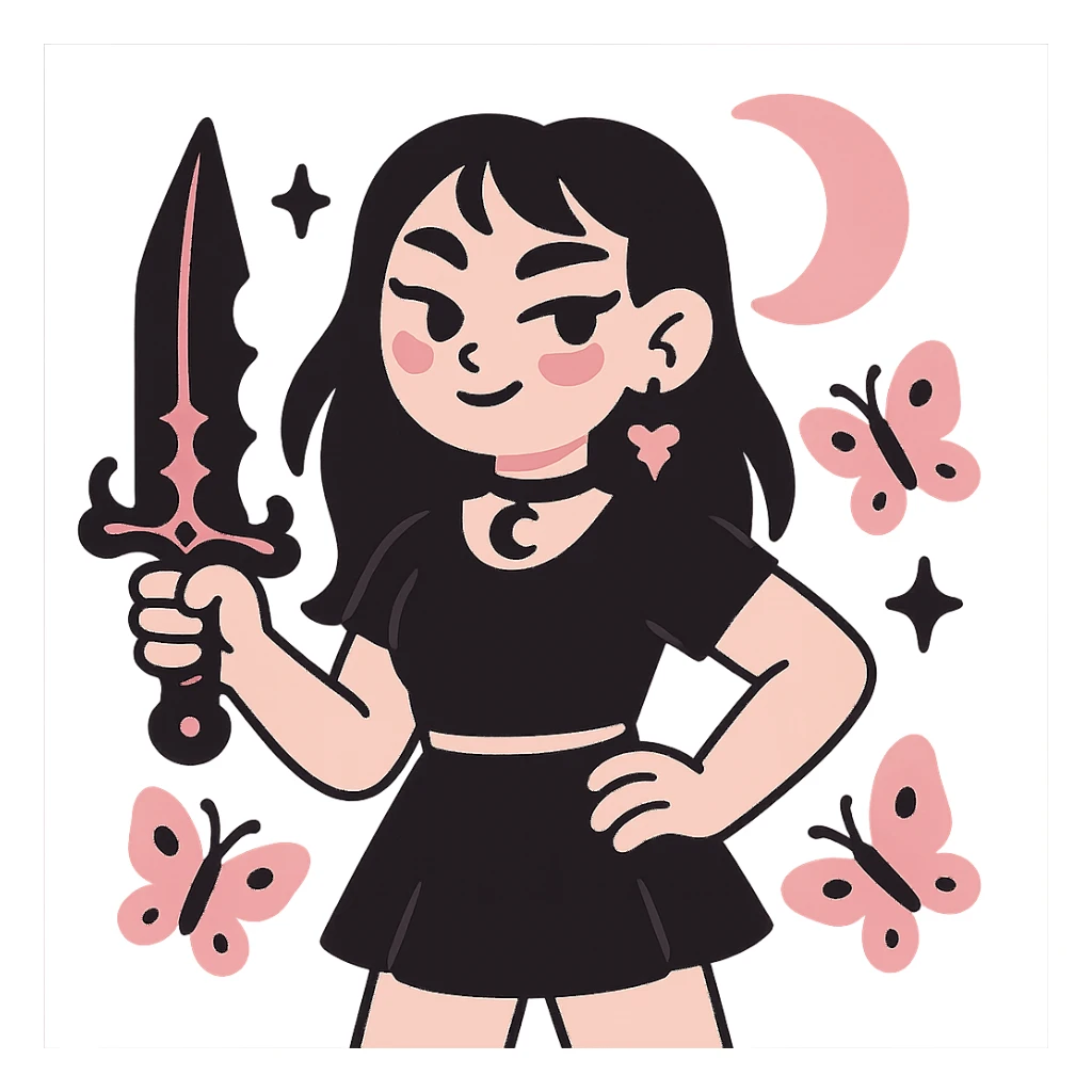 gothic knife, black and pink, with butterfly accents and crescent moon sticker