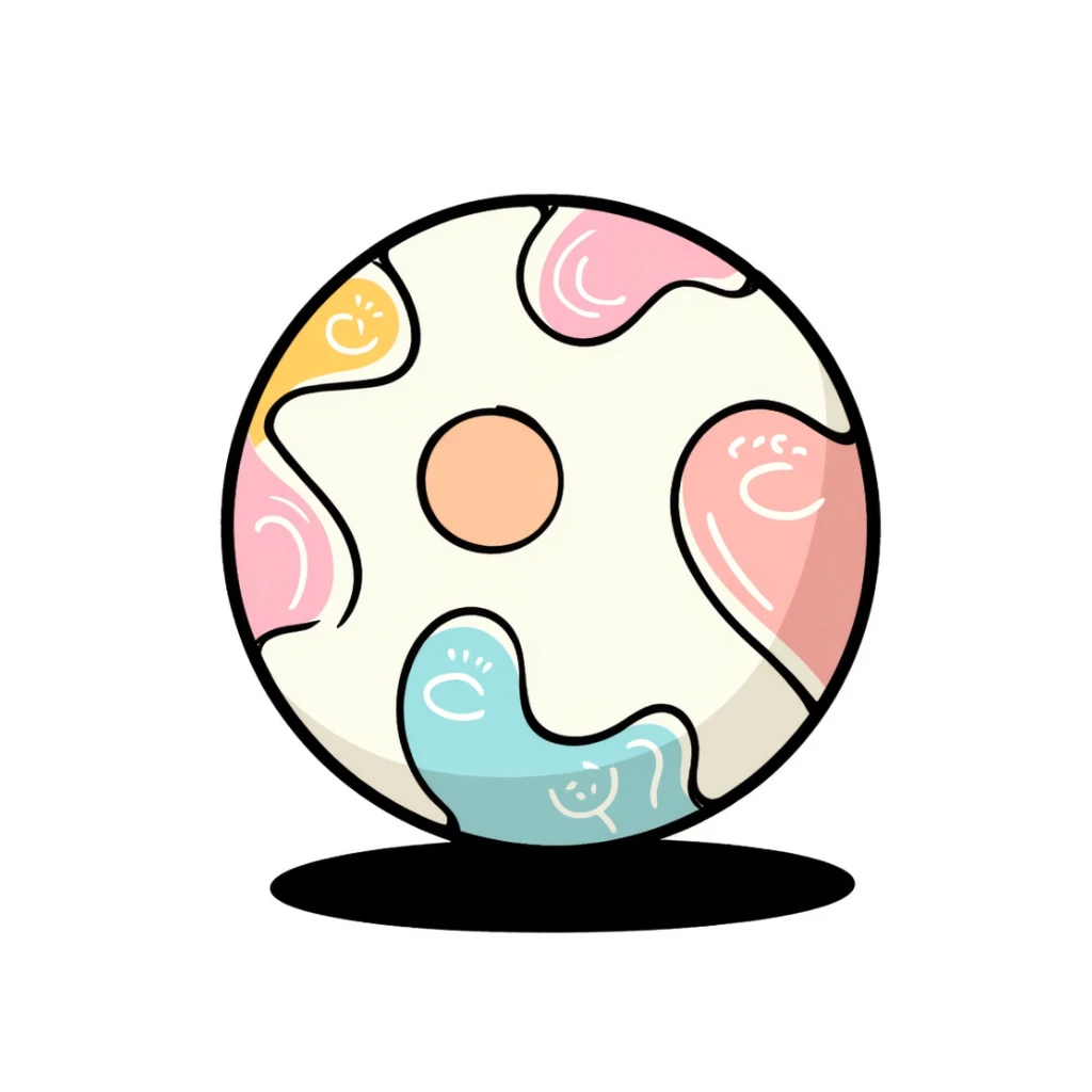 A colorful children's toy ball with patterns in pastel colors (dd9fb0, ffc6d3, a3bfc9, c4bee2, f1b091), hand-drawn doodle style sticker