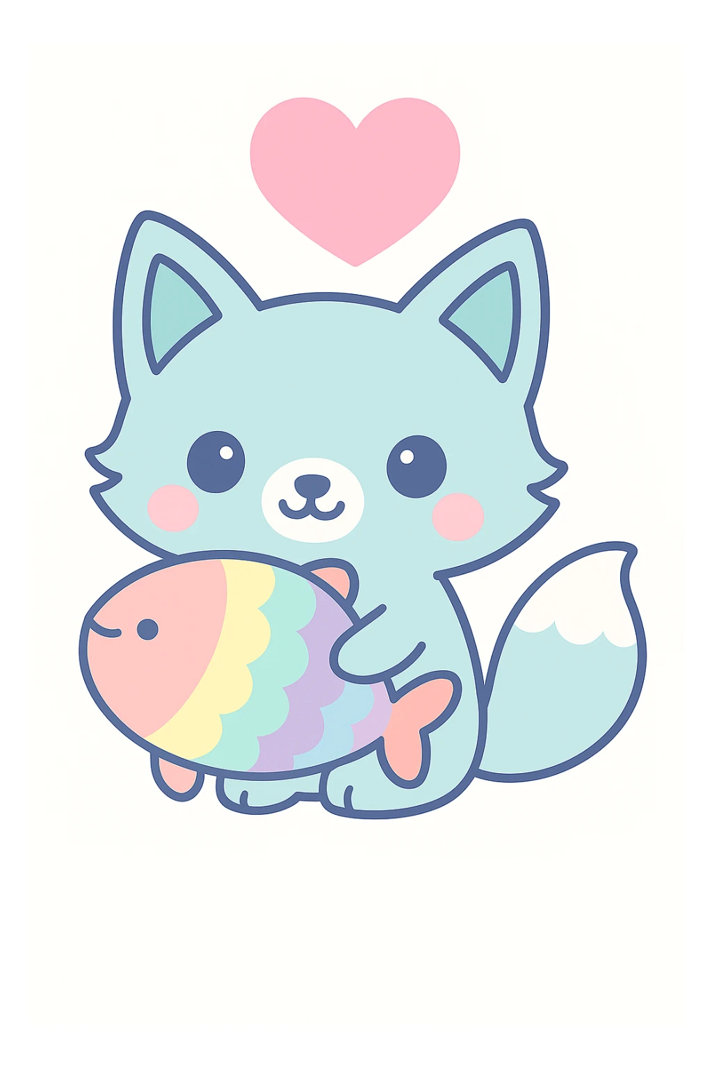 Make the heart above the blue fox and rainbow fish much bigger and pink, keep the kawaii cartoon style. sticker