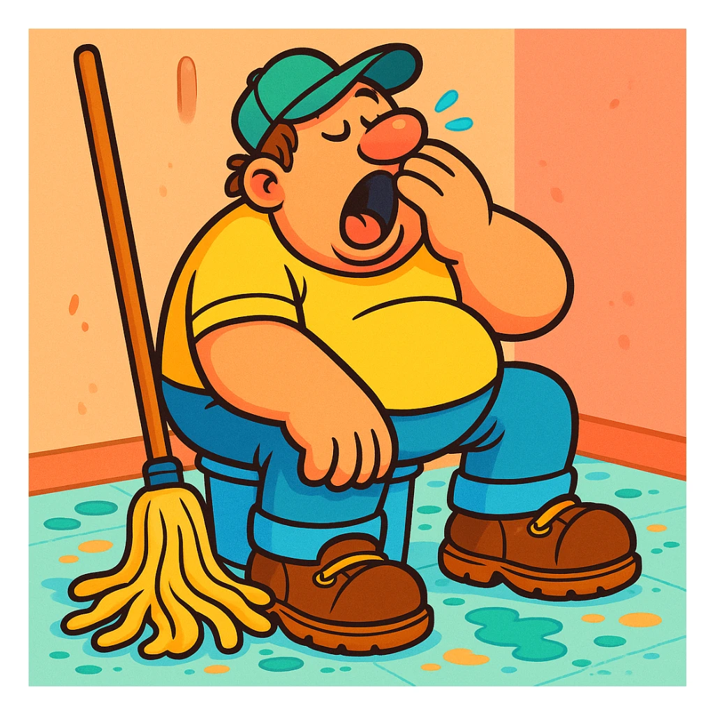 Make the lazy janitor more cartoonish with exaggerated features in a playful style. Show him sitting on a bucket, yawning, with a mop nearby and a messy floor. Expression should be relaxed. sticker