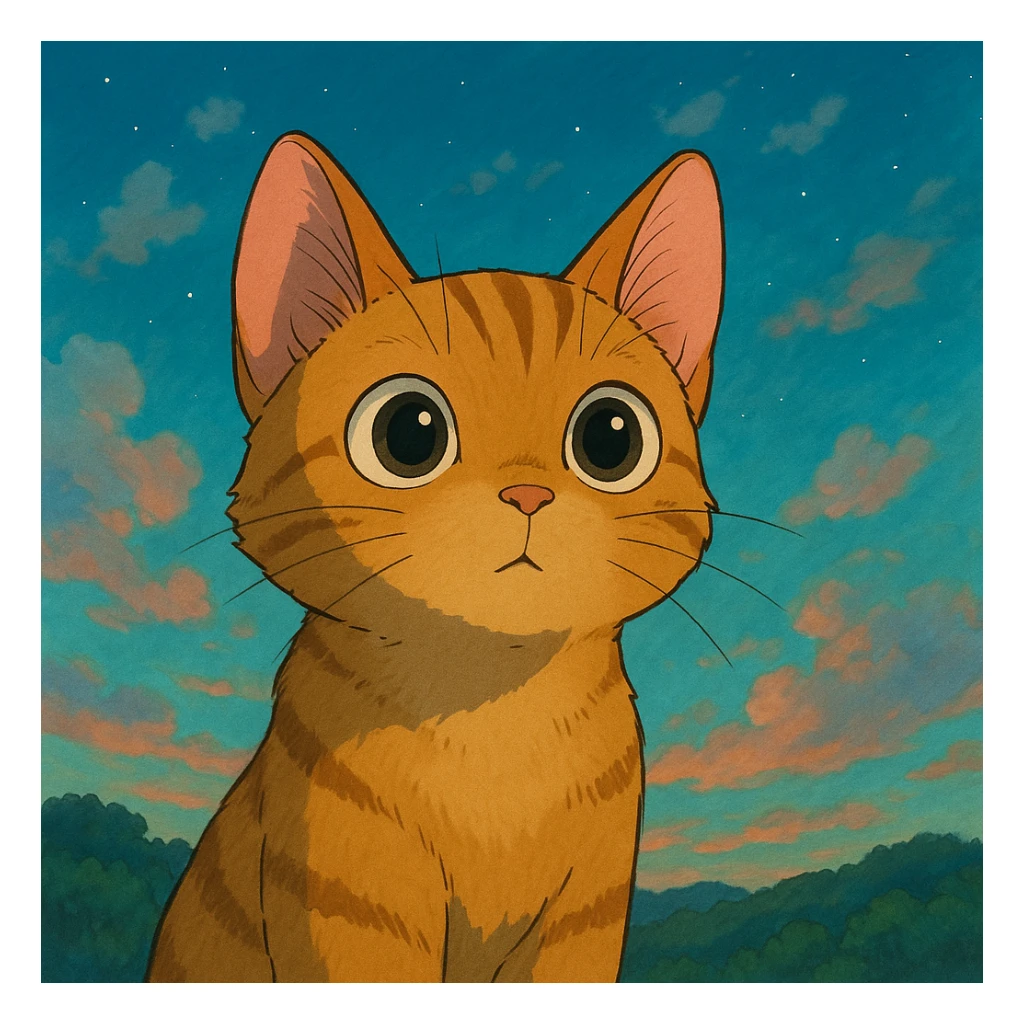 a curious cat with big eyes and a dreamy background in Ghibli style sticker