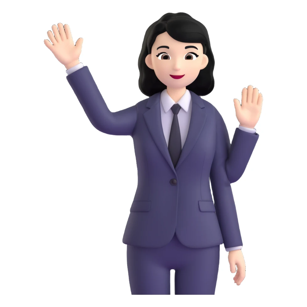 white woman with black hair in a suit, waving sticker