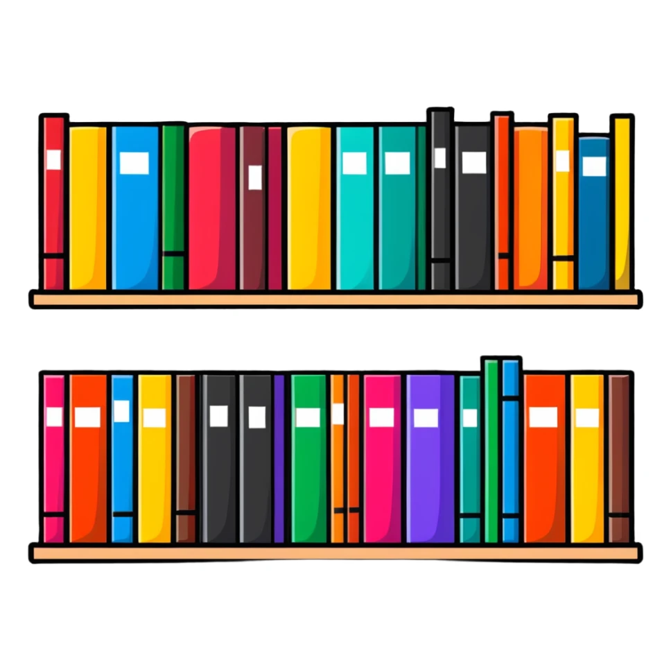 row of books on bookshelf, colorful book spines visible sticker