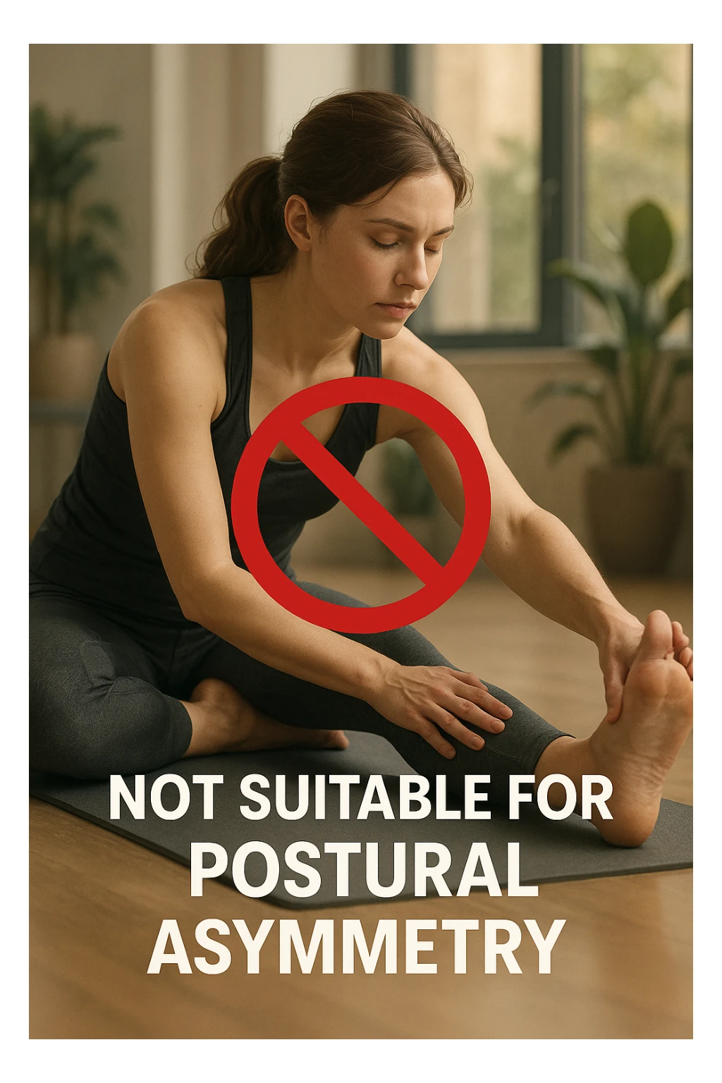 cinematic vertical illustration of woman performing classic postural stretching routine on mat, bold red prohibition sign and text overlay reading 'Not suitable for postural asymmetry', softly lit modern exercise room background with large windows and plants, gentle lighting, informative cautionary mood sticker