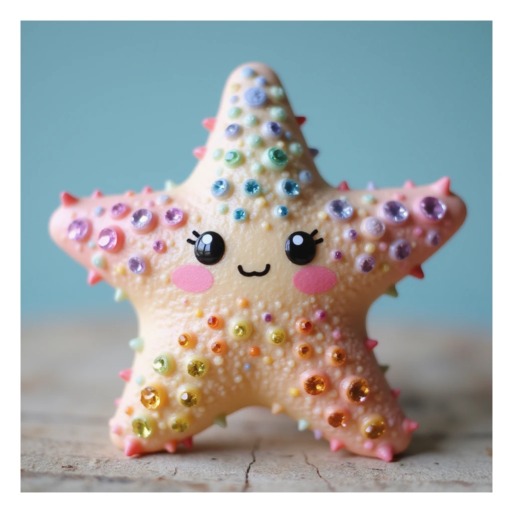 realistic sea star with rainbow pastel colors, sparkling gems, natural texture, slight kawaii charm, gentle cute expression sticker