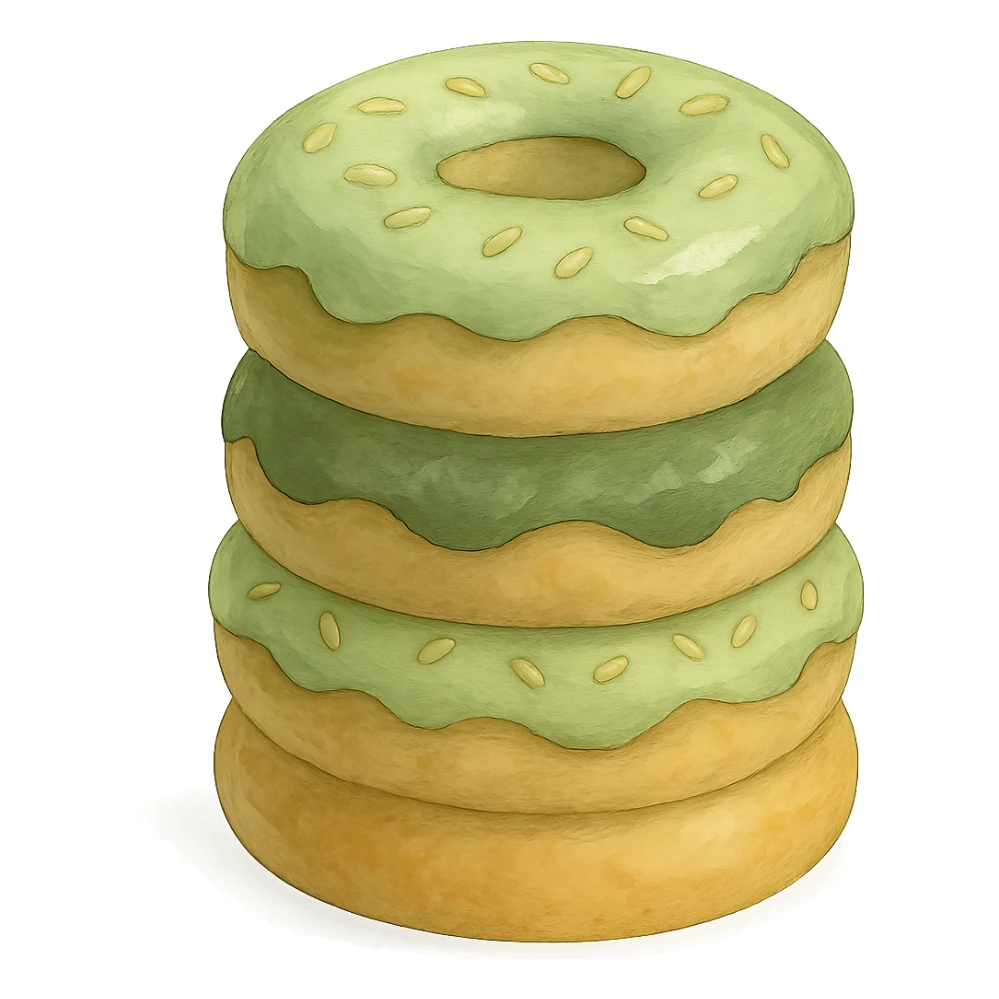 Stack of donuts in Ghibli style, detailed, soft green colors, with no background sticker