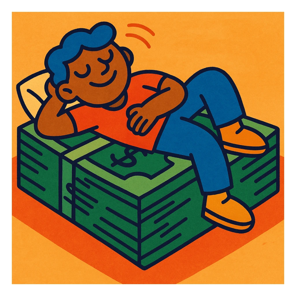 happy person napping on mattress of money sticker