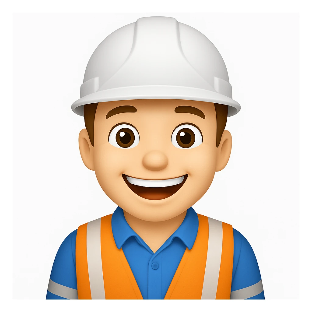 make the construction worker look happy, with a big smile, bright eyes, and cheerful posture in emoji style sticker