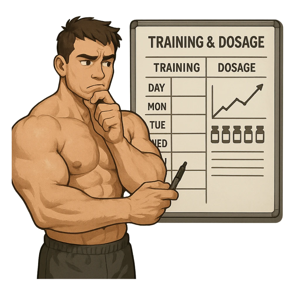 muscular young man in front of whiteboard with training and dosage chart, holding pen and looking indecisive, swollen but not sculpted muscles, study atmosphere, isolated on white background sticker