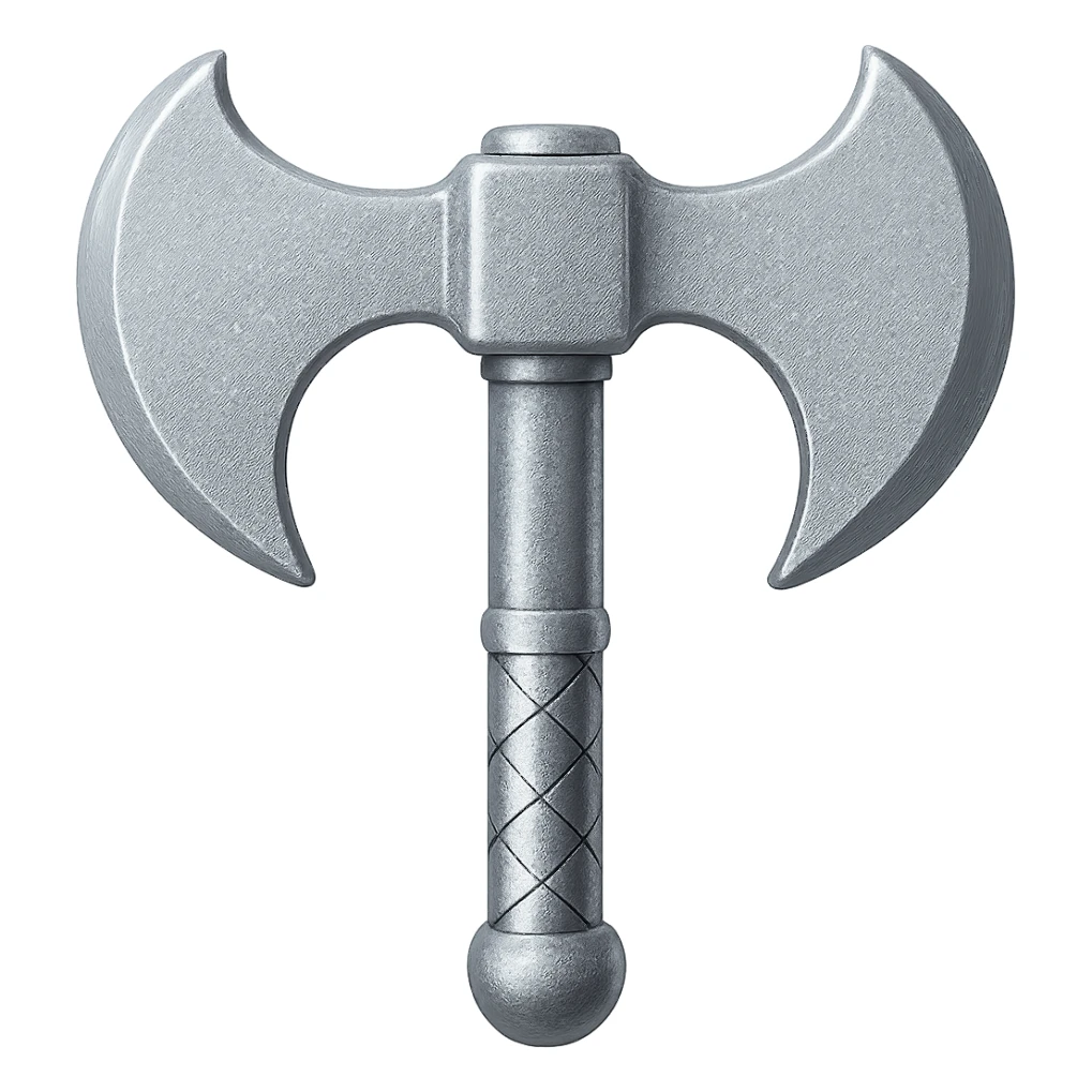Recolor this iron battleaxe to steel: make it slightly lighter, crisp, and shiny, keep the same shape, realistic metallic steel, emoji style, transparent background. sticker
