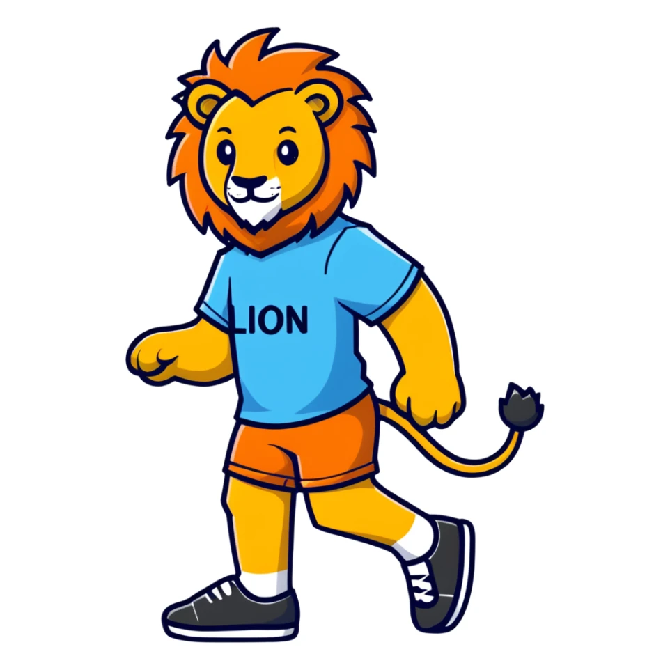retro 1950s anthropomorphised lion in a t-shirt and shorts walking sticker