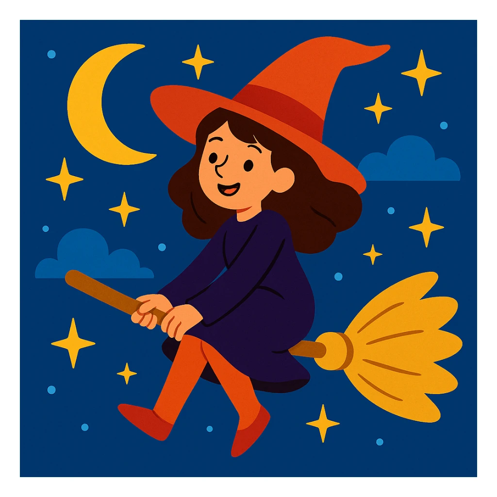 brunette girl witch, flying on a broomstick, night sky background, whimsical style sticker