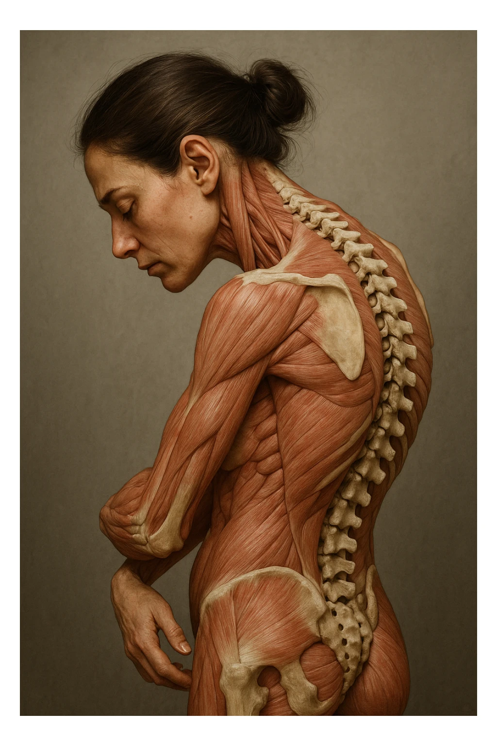 CORPO UMANO ANATOMICO di una donna di profilo con spalle chiuse e postura incurvata, spina dorsale in evidenza, IPERREALISTICO 4K sticker