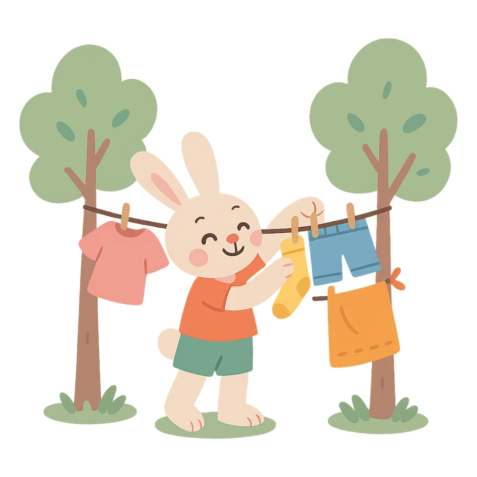 a bunny hanging laundry between trees, calming domestic forest feel, soft pastel colors sticker