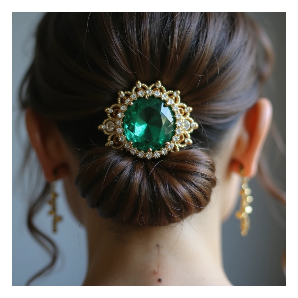 realistic hairclip with emerald gemstone, photorealistic style, detailed, high resolution sticker