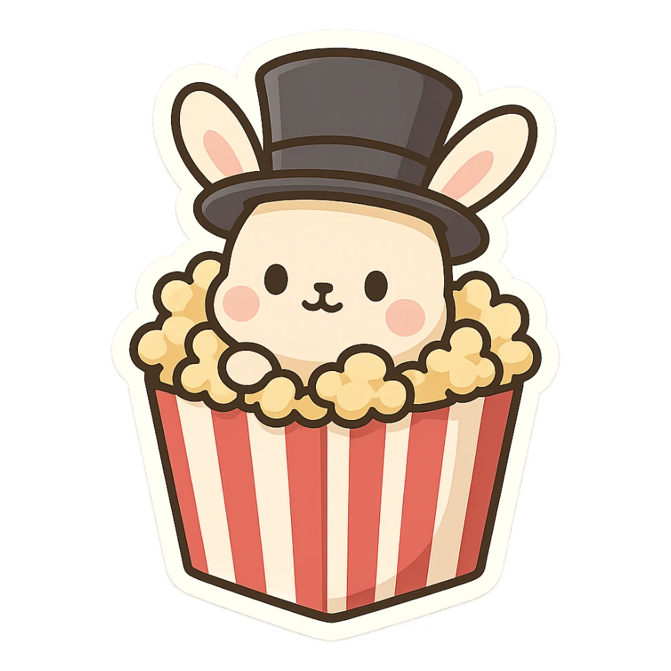 cartoon style striped popcorn box with a small bunny inside, bunny wearing a magician's top hat sticker