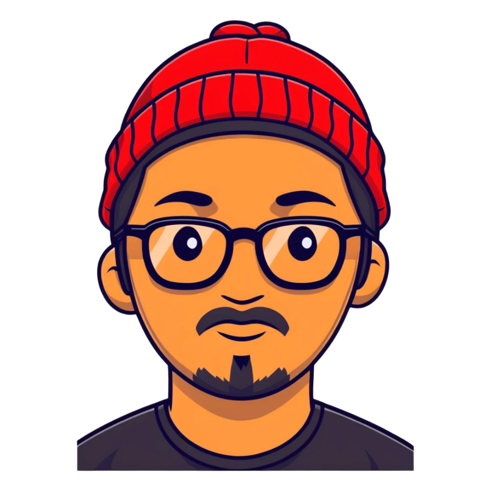 Asian man with black goatee, glasses, wearing a small red beanie sticker
