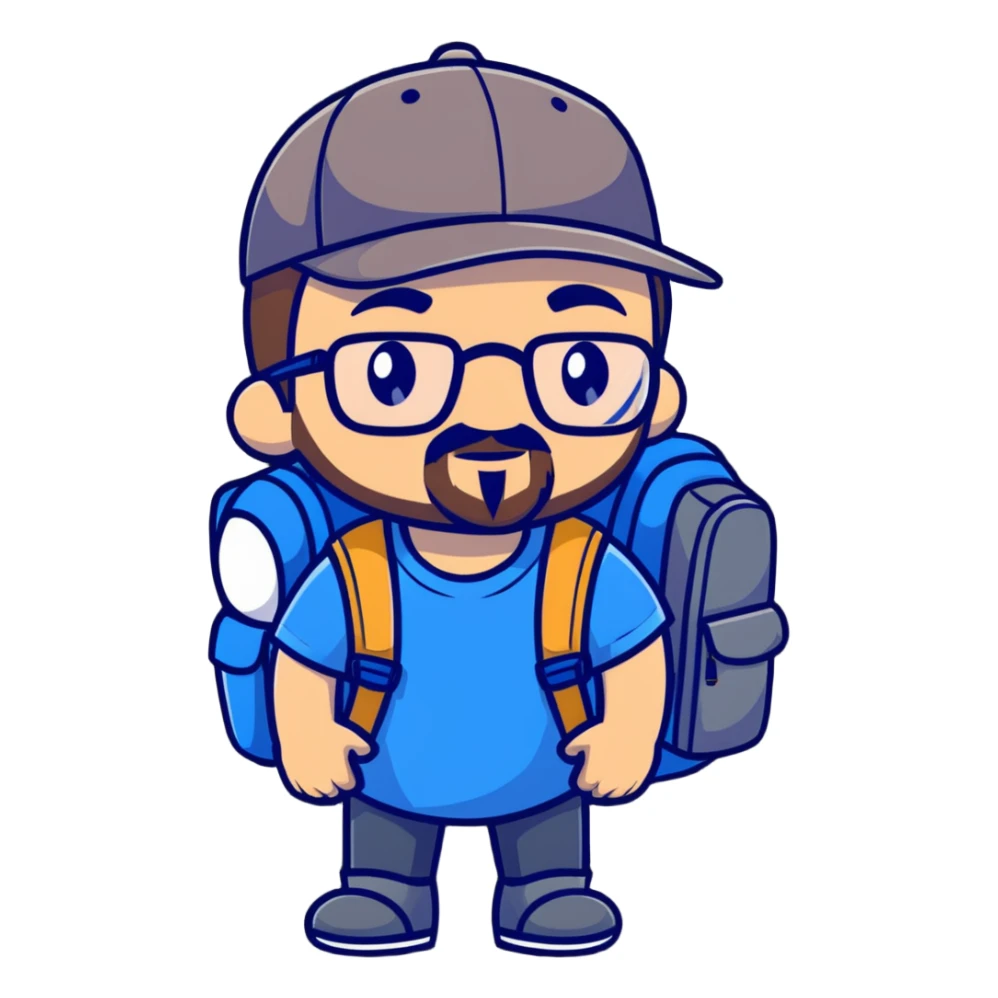 adventurer with goatee beard (no beard on cheeks), short hair, glasses, backwards baseball cap and backpack sticker