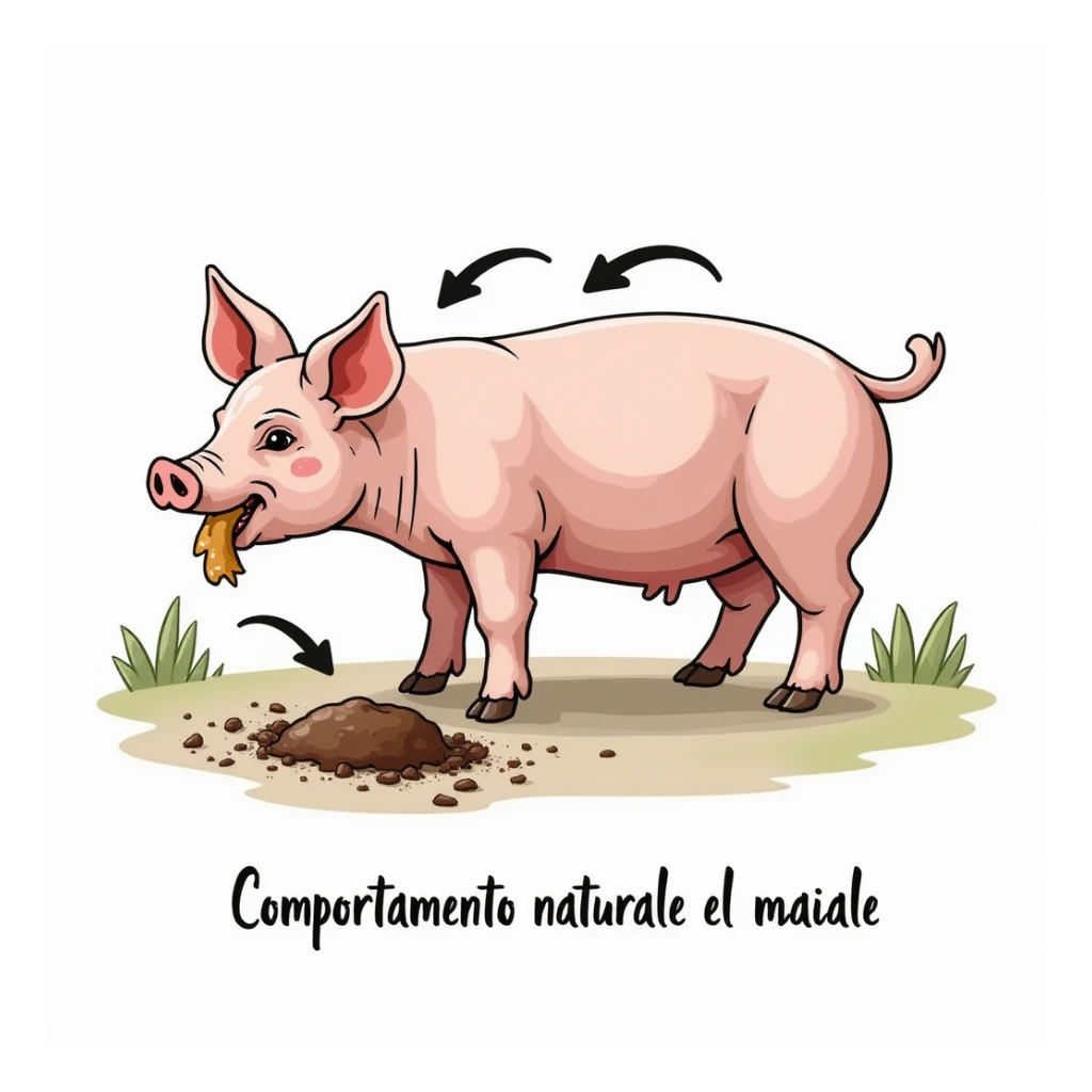 educational illustration realistic of a pig eating both leftovers and feces, diagram with arrows indicating behavior, Italian text 'Comportamento naturale del maiale', 4K quality sticker