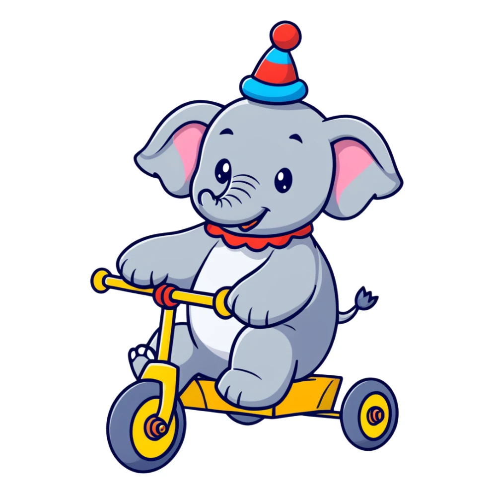 Comical gray elephant wearing a clown hat riding a small colorful tricycle sticker