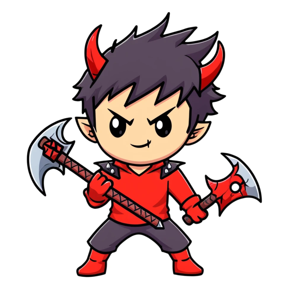 Anime devil boy with spiky black hair, red horns, and a battle axe sticker