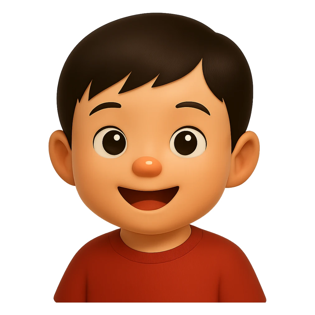 Edit the cute Asian baby boy emoji by changing the shirt to muted red while keeping the rest unchanged. Use a soft glossy texture and make it about 80% realistic. No background. sticker