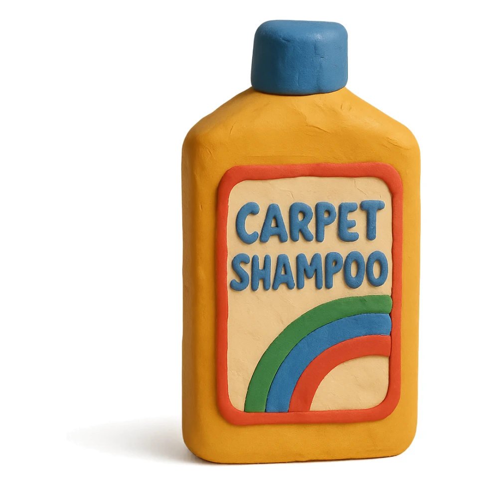carpet shampoo bottle with blue cap and colorful label, soft lighting, claymation style sticker