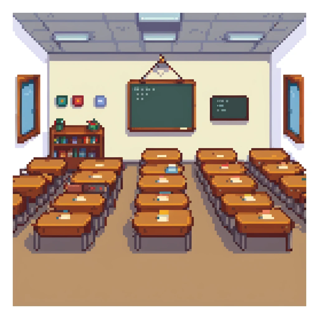 classroom scene with many students and a teacher in pixel art style sticker