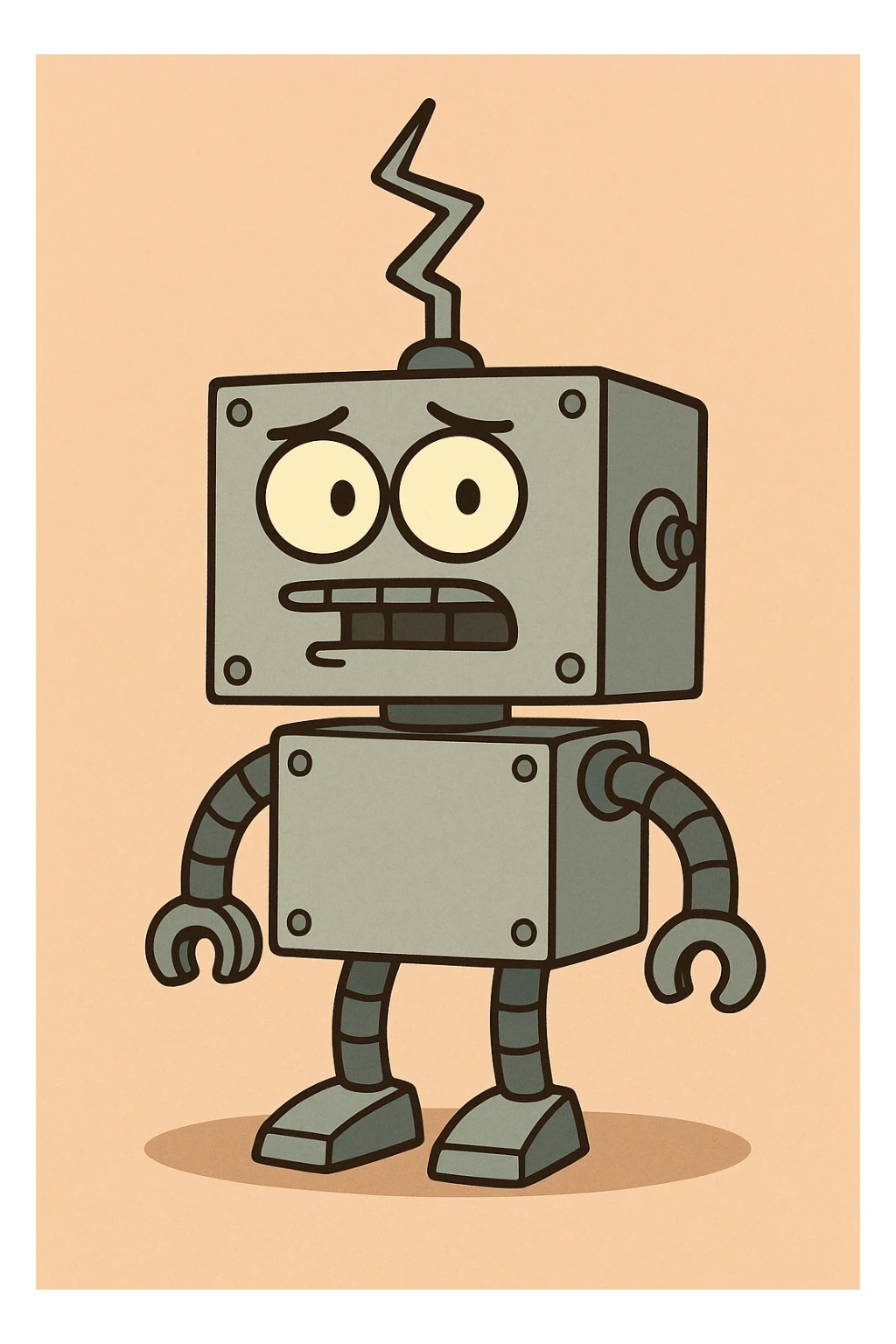 box robot with zig zag antenna, metallic details, cartoon style sticker