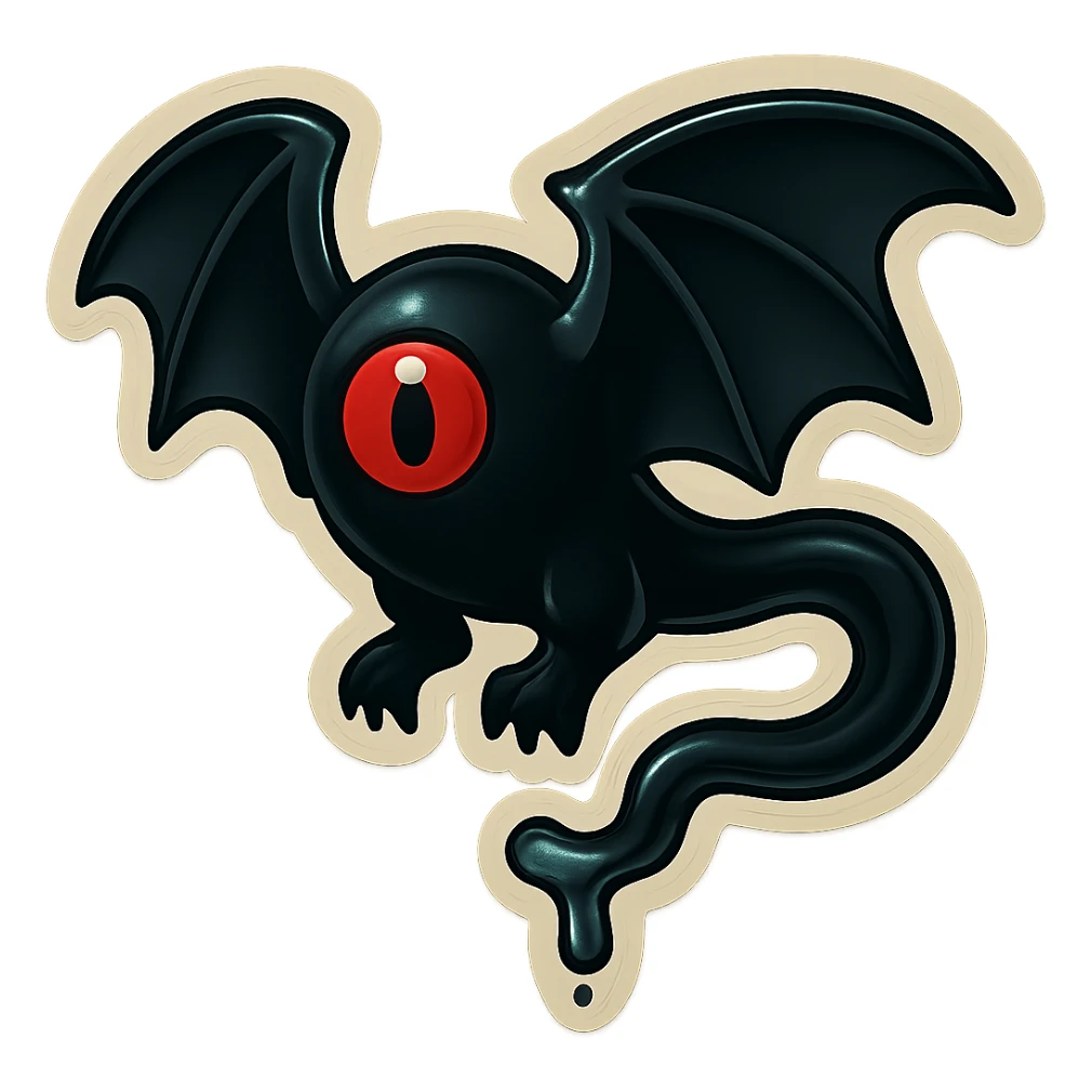 an all black reptilian bat-like creature. One cyclopian red eye in its face. no visible mouth or ears. 2 hind legs with claws. has a long tale with a stinger that drips green poison. no ears. no horns. no arms. visible bone-like stinger at end of tail sticker