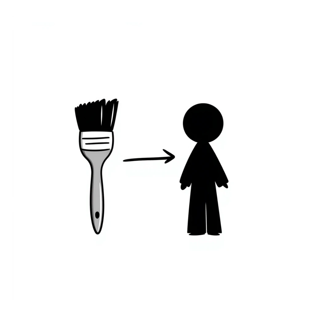 A paintbrush morphing into a metal human figure silhouette, representing artistic identity sticker