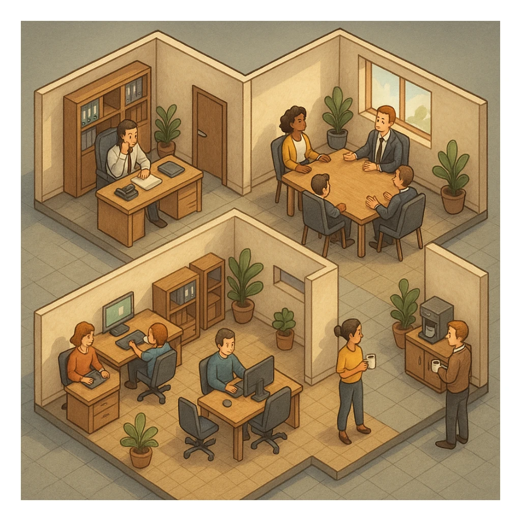В слегка рисованном, но при этом ярком и объемном стиле - четкую, изометрическую 3D-сцену в мультяшном стиле с видом сверху под углом 45°, изображающую офис кабинетами, open space и другими характерными местами. В офисе работают люди - кто-то говорит по телефону, работает за компьютером, другие пьют кофе, сидят на общем собрании, переговори. Используйте мягкие, изысканные текстуры с реалистичными PBR-материалами и мягким, реалистичным освещением и тенями.  sticker