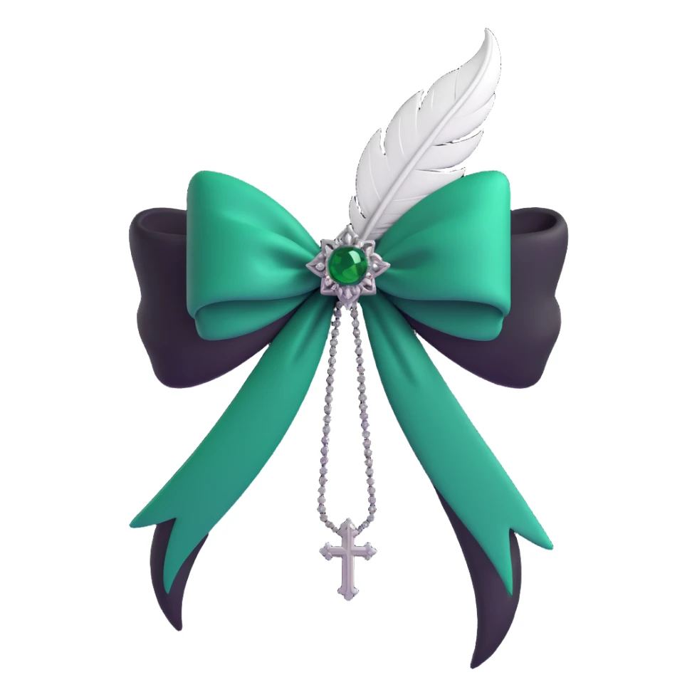 3D emoji gothic bow, dark emerald velvet, silver cross, feather details, lush and gothic sticker