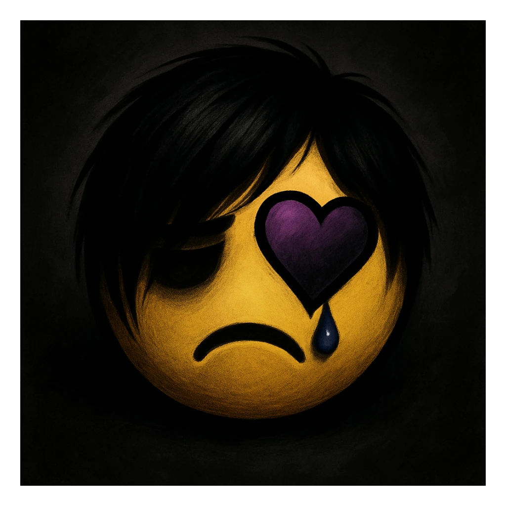 emo emoji, black outline heart, purple and black gradient, teardrop, dramatic shadows sticker