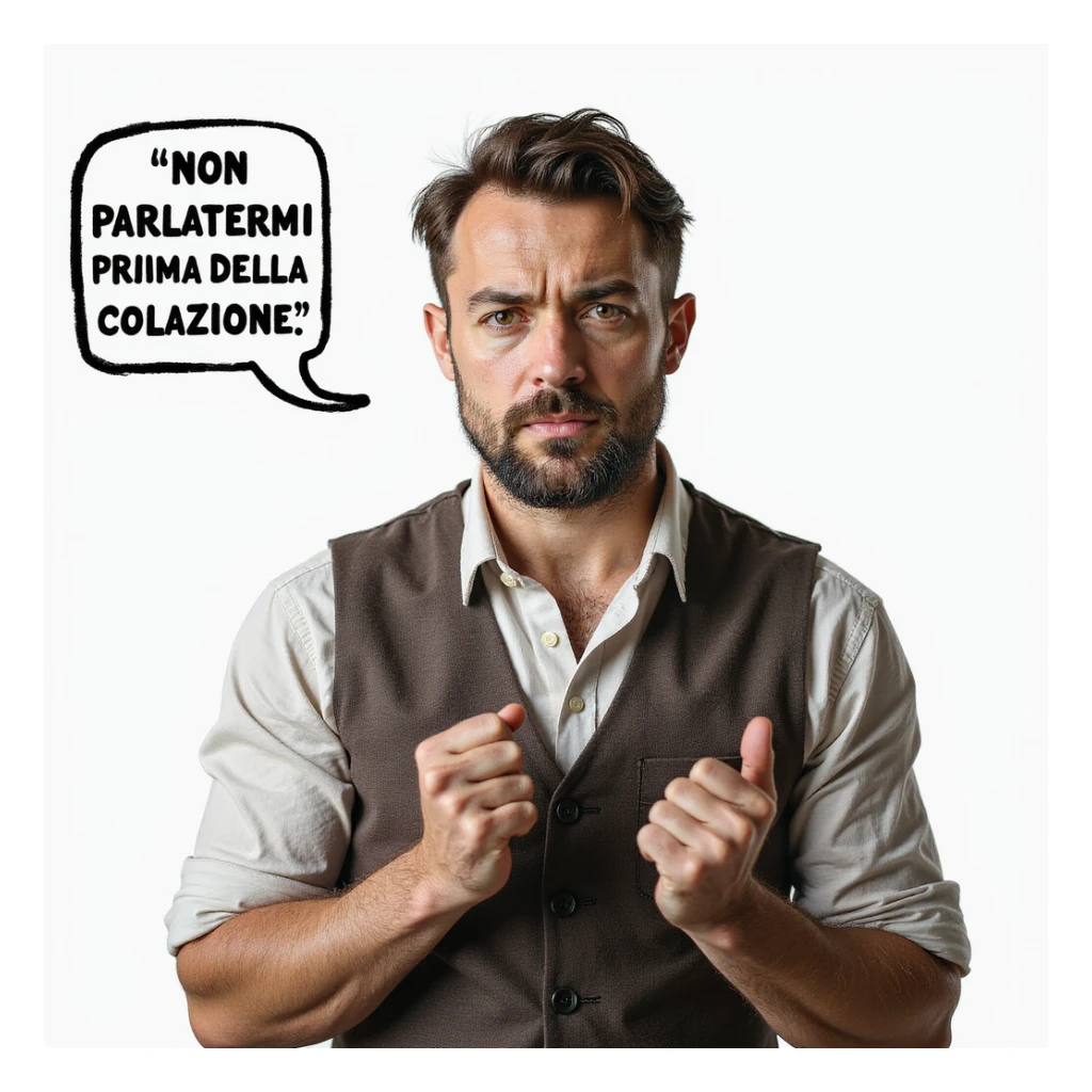 hyperrealistic 4K man isolated on white background with a speech bubble saying 'Non parlatemi prima della colazione', serious expression, realistic details sticker