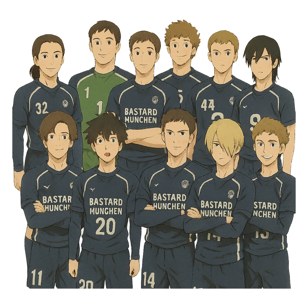 Bastard München team from Blue Lock anime in Ghibli style illustration sticker