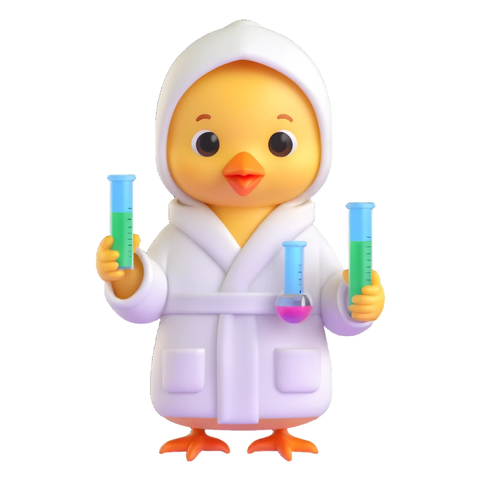 3D style cute chick in a robe holding test tubes and beakers sticker
