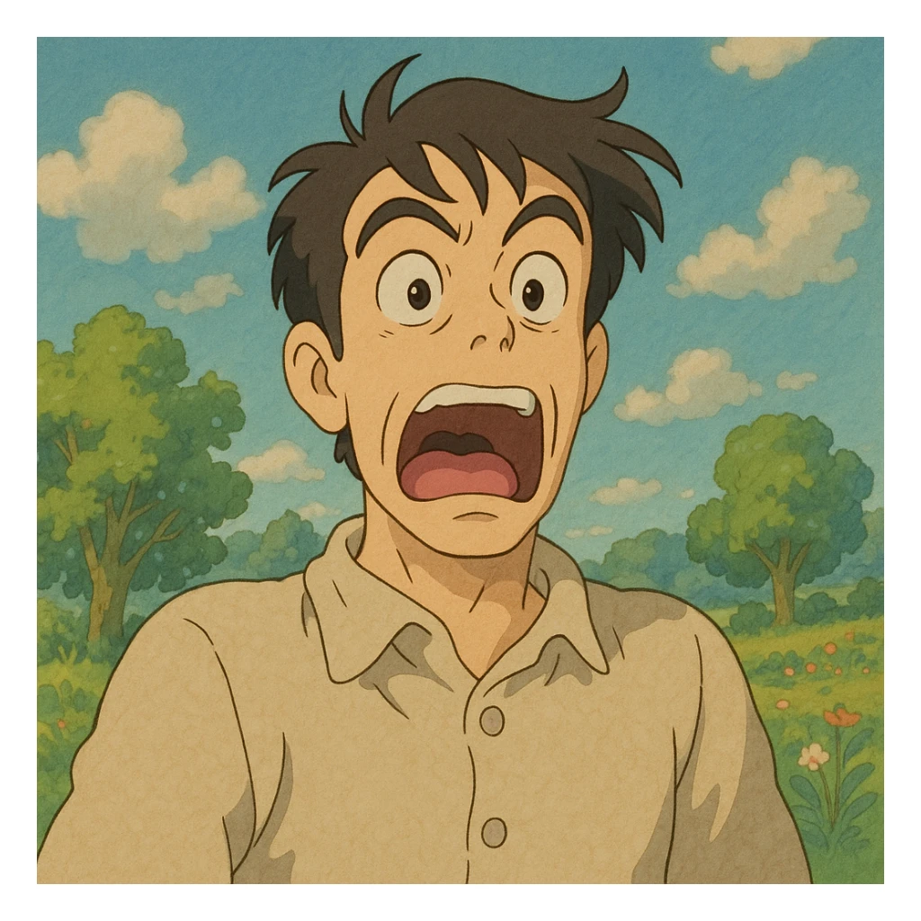 a man with a startled look, mouth agape, head slightly back, expressive illustration sticker