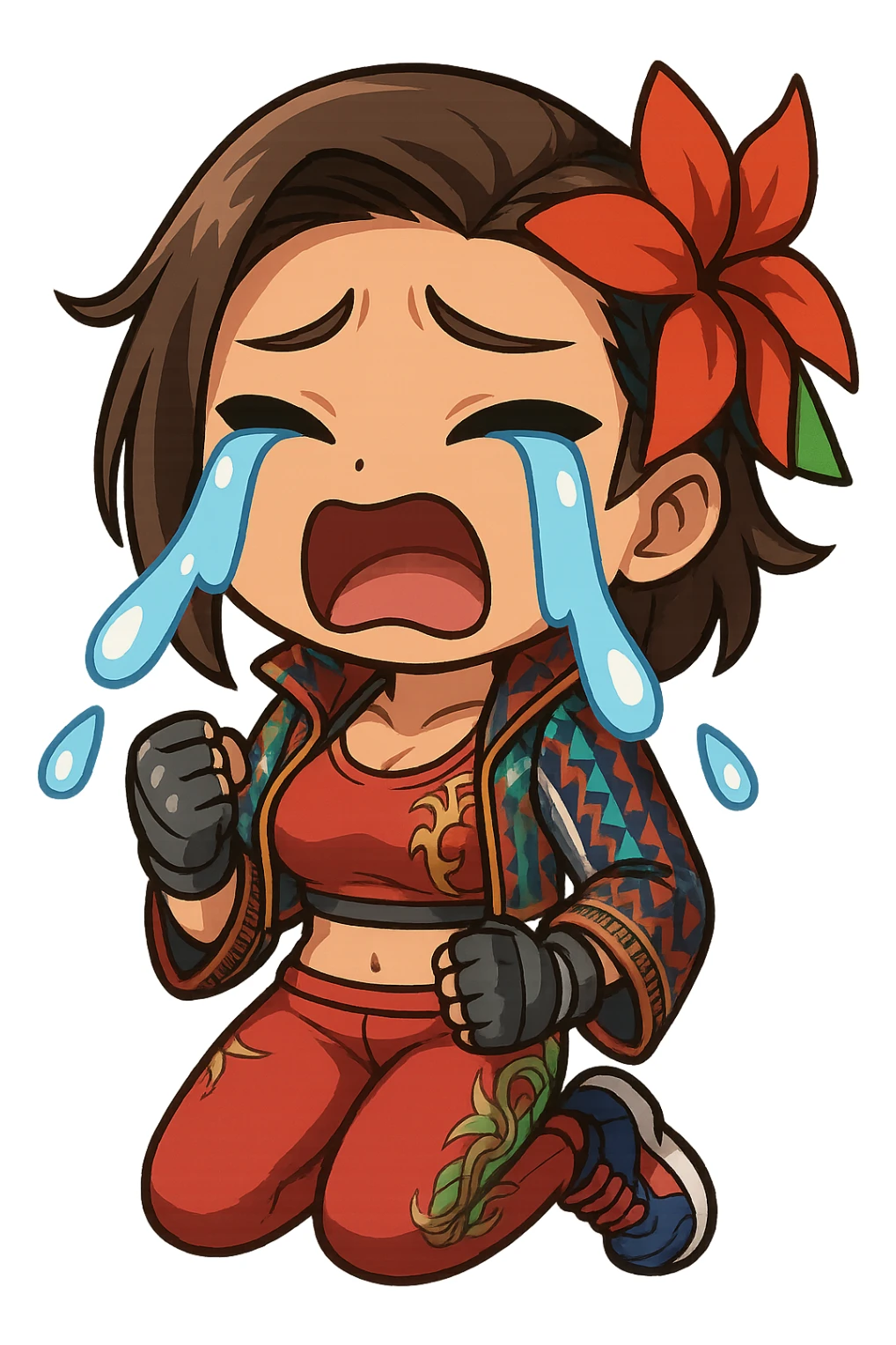 Azucena from Tekken 8 in chibi sticker style, crying with big teardrops, standard Twitch emote, wearing her detailed red and patterned outfit as shown in the reference images. sticker