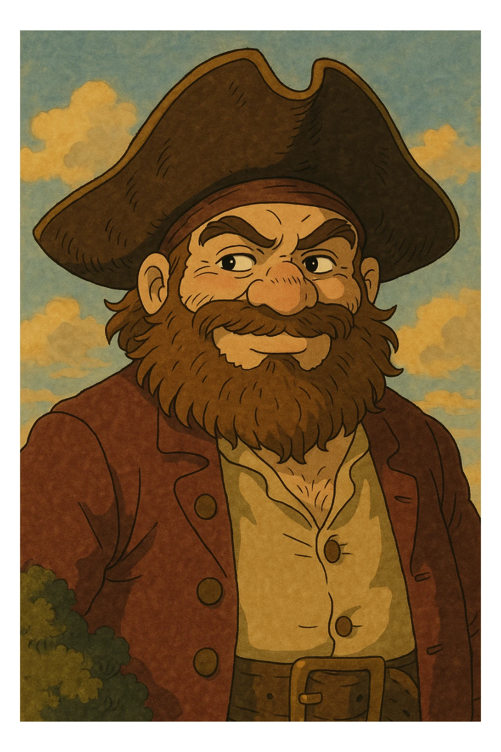 pirate with a smirk, bushy beard, tricorn hat, subtle smile, ghibli style sticker