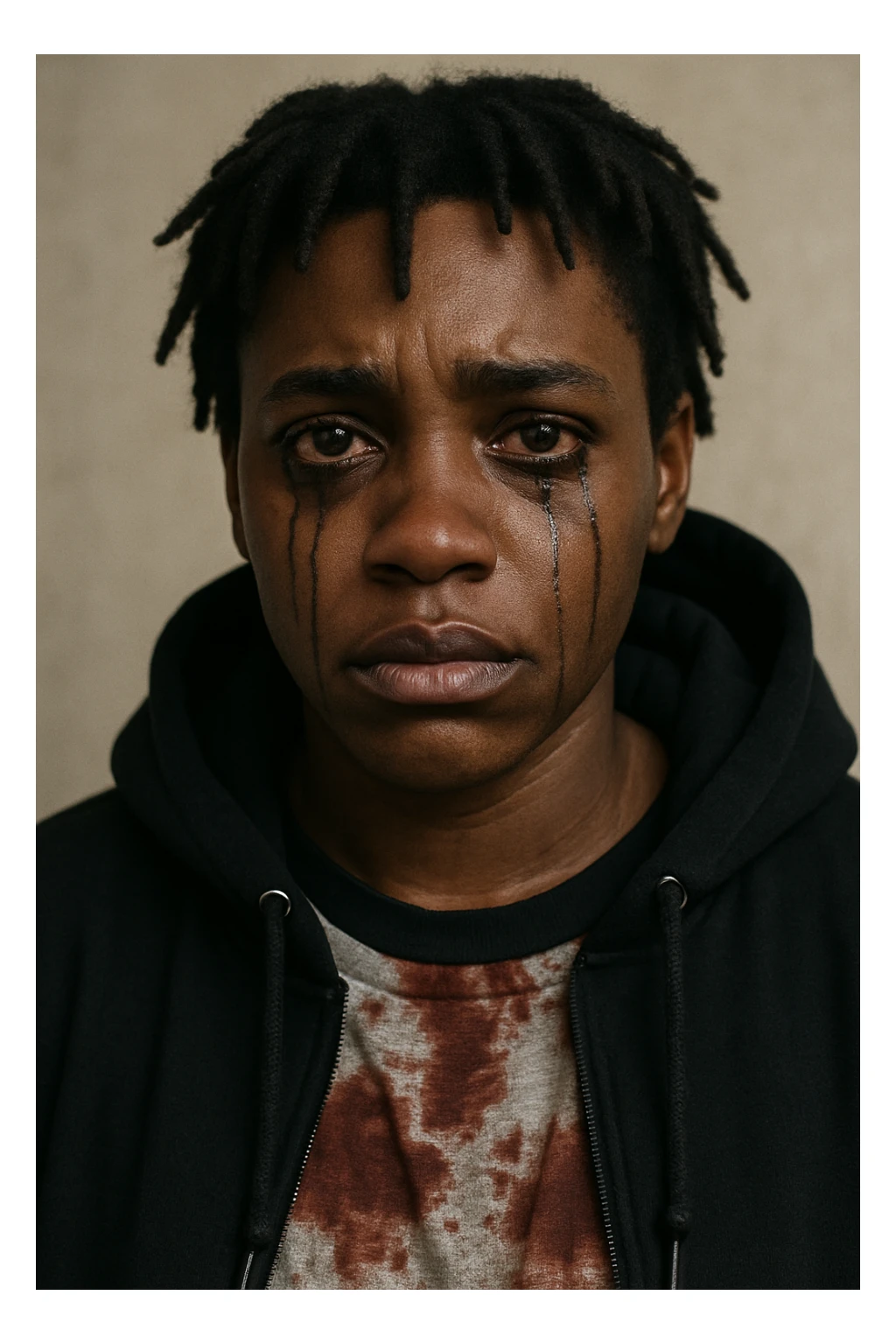 A brown dark-skinned person with short dreads, black mascara running from brown eyes, wearing a black hoodie and a shirt with blood stains. sticker