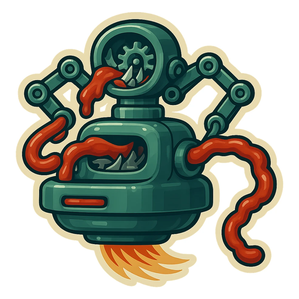 hovering robot. stuffs material into large hole on its top with 2 arms. no head. hole is where a head would be. spinning gears and blades in hole grind material.  3/4 view. between realism and cartoon. well lit. no dramatic lighting. metallic shiny robot. works diligently. drake humor sticker