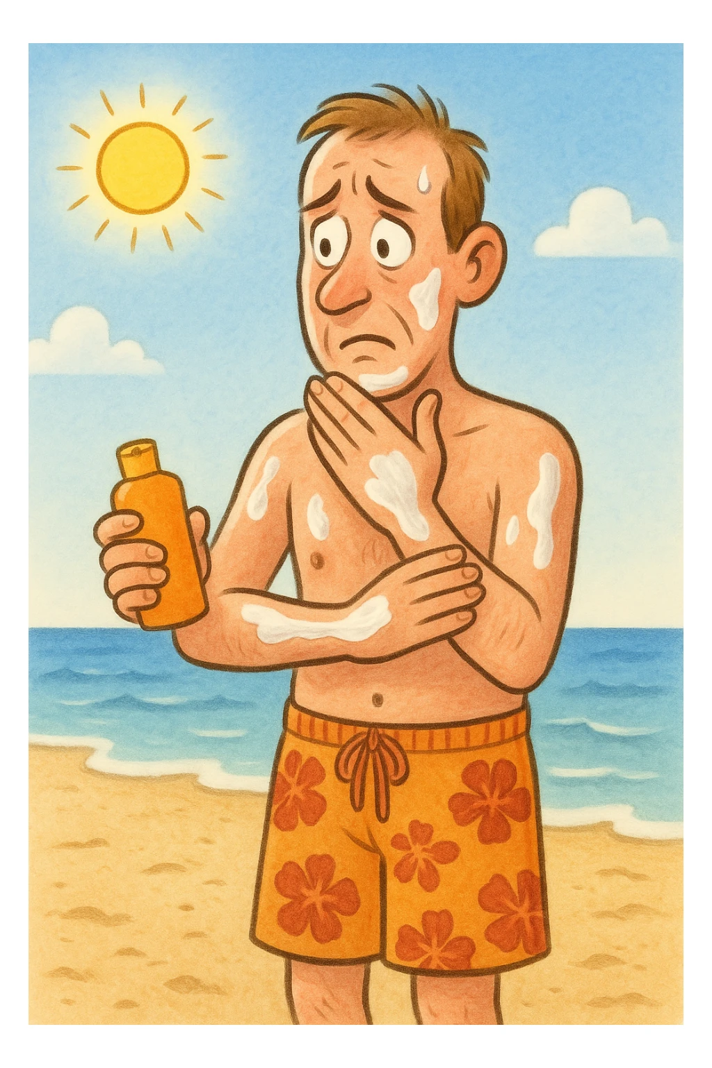 uomo a mare che si mette la crema solare perchè ha paura del sole sticker
