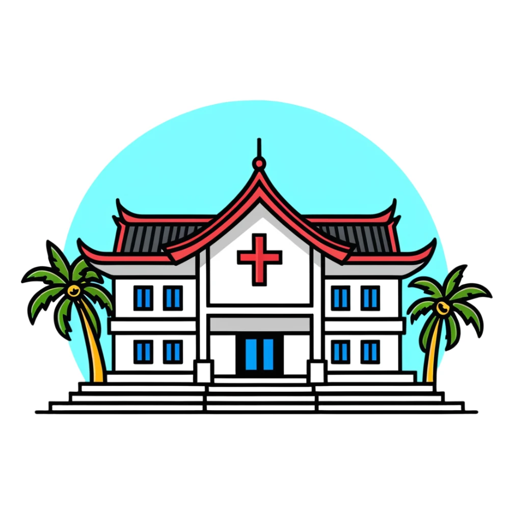 Modern Thai hospital building with traditional Thai roof elements, medical cross symbol, palm trees sticker