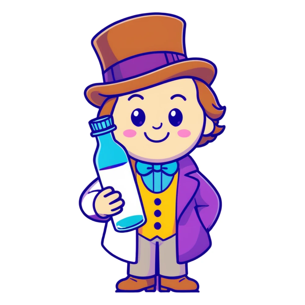 Willy wonka with a clear bottle with purple liquid in it sticker