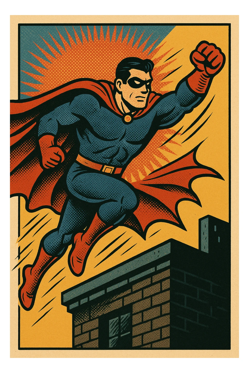 Hero leaping from a rooftop with cape trailing.
 sticker