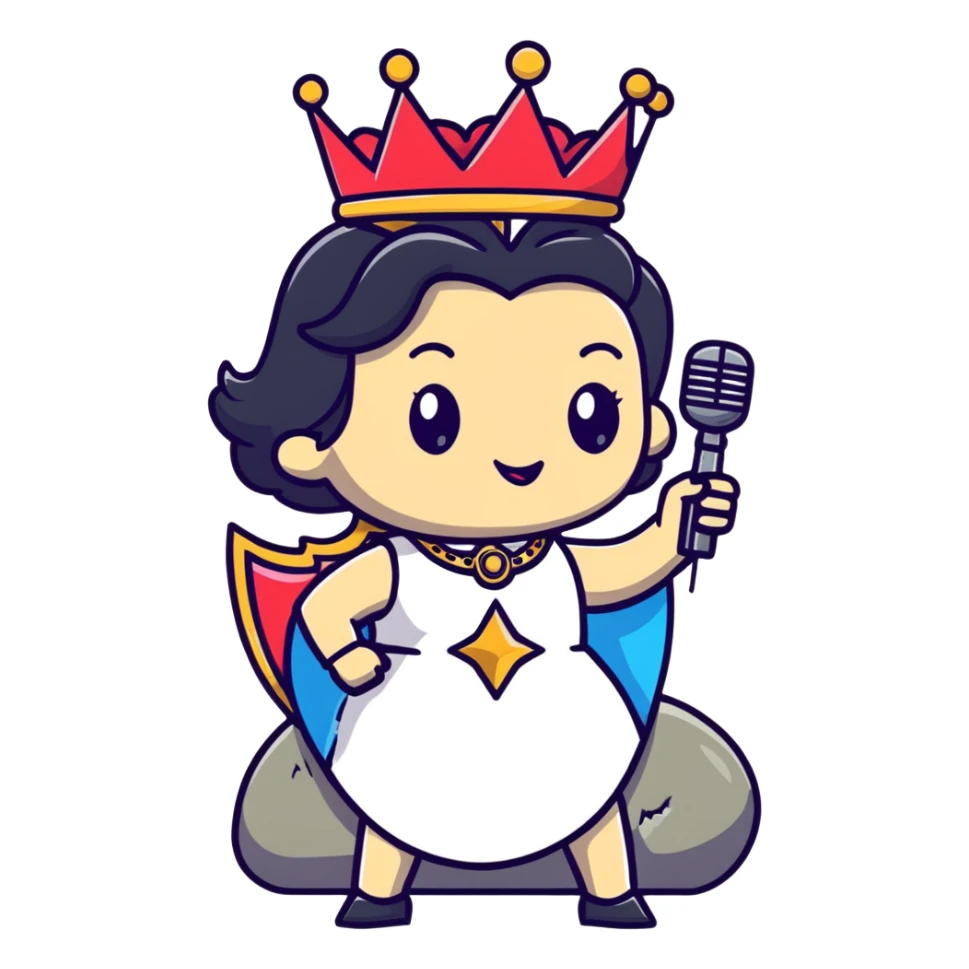 rock and roll queen with crown, microphone, rock star pose, energetic sticker